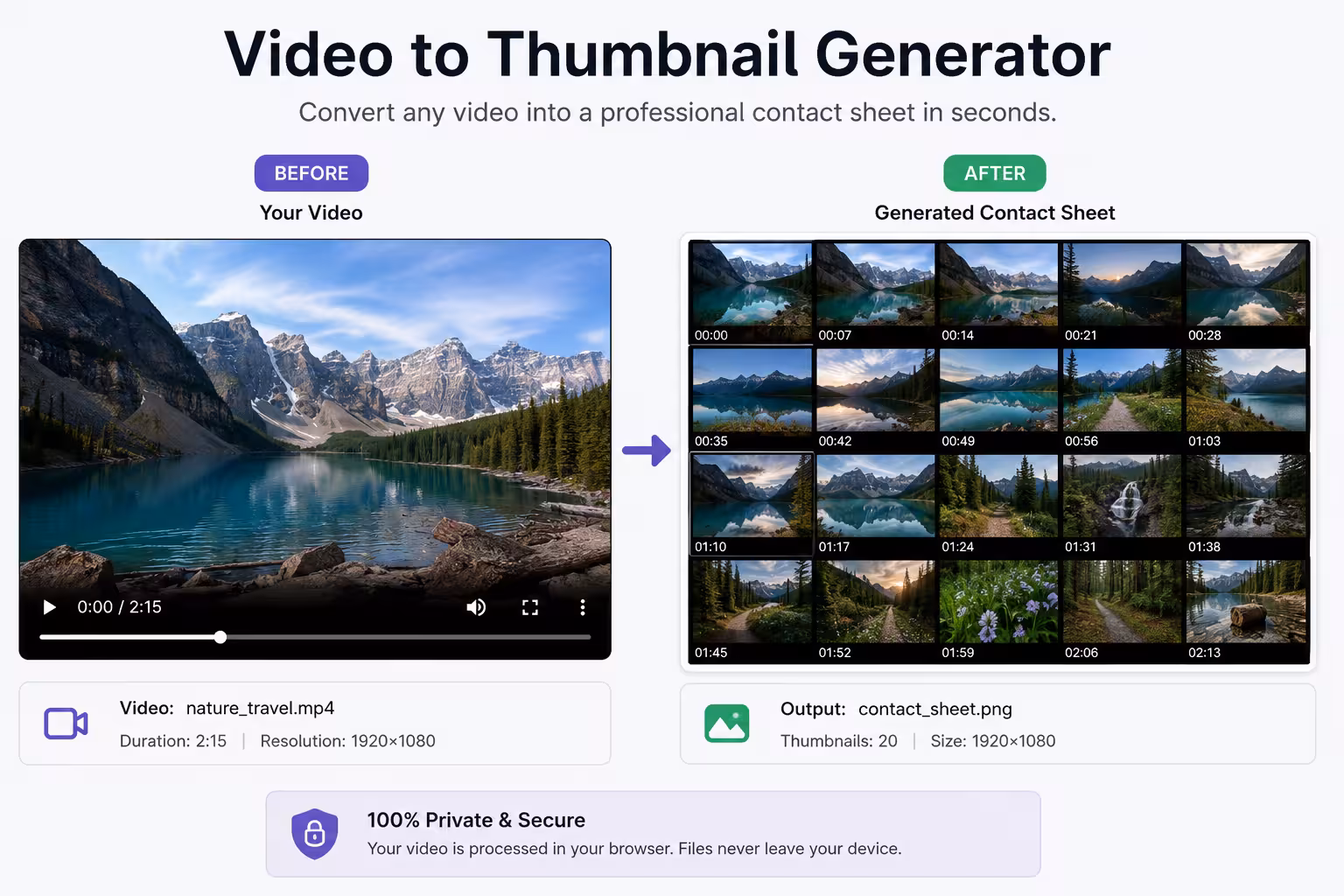 Video to Thumbnail Generator converting a video into a contact sheet with multiple thumbnails